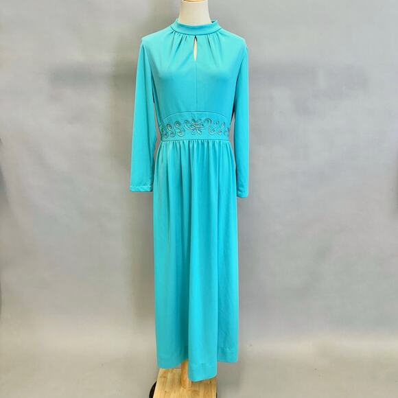 Vintage 60s/70s Turquoise Blue Keyhole Front Maxi Dress High Neck Size 18 - Picture 1 of 16